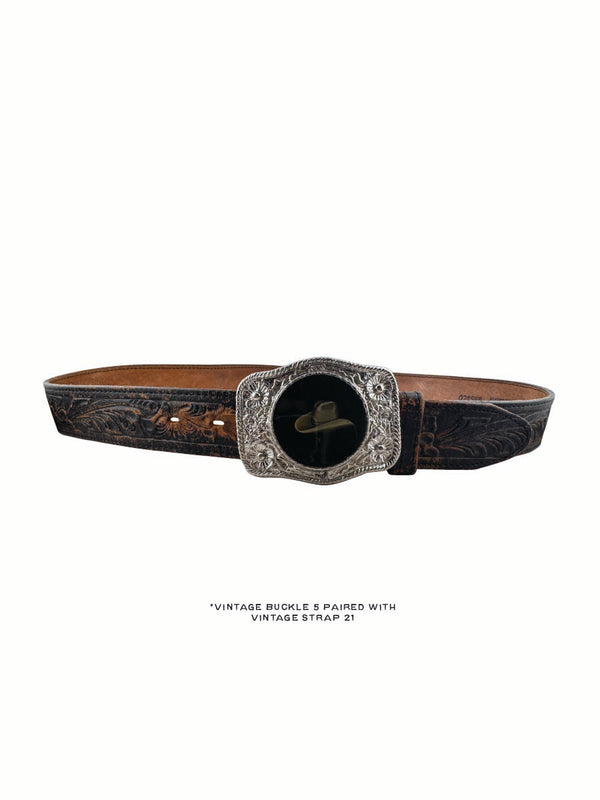 Vintage Belt 21: Black leather with intricate tooling. Size 36 only.