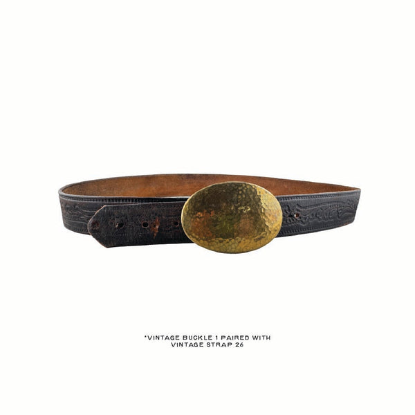 Vintage Belt 26: Black-brown leather with detailed scrollwork. Size 30 only.