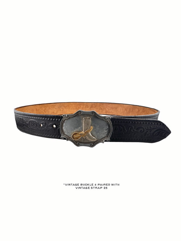 Vintage Belt 25: Crisp black leather with floral scrolling. Size 35 only.