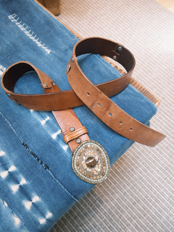 Vintage Belt SB-45. Tan Leather with Rustic Decorative Buckle, Size 34 Only.