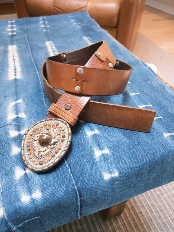Vintage Belt SB-45. Tan Leather with Rustic Decorative Buckle, Size 34 Only.