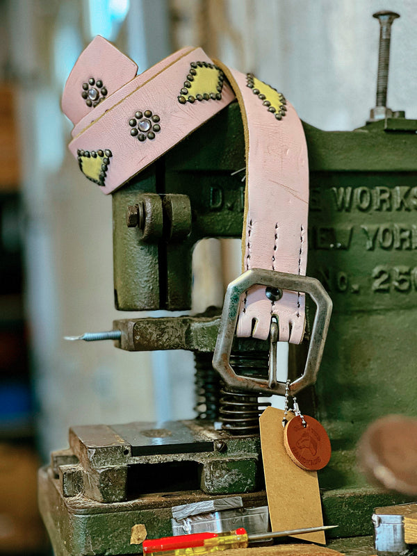 Vintage Belt SV-303. Pink Leather with Yellow Inserts, Size 36 Only.