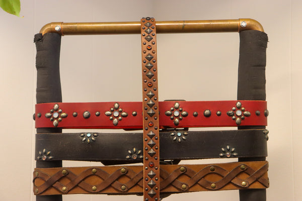New Studio Belt 406. Slim brown belt with pyramid studs & orange stones. Size 34 only.