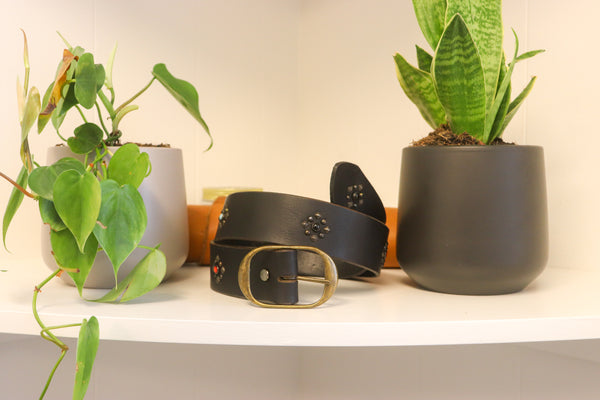 New Studio Belt 407. Wide black belt with red, black and turquoise stones. Size 33 only.