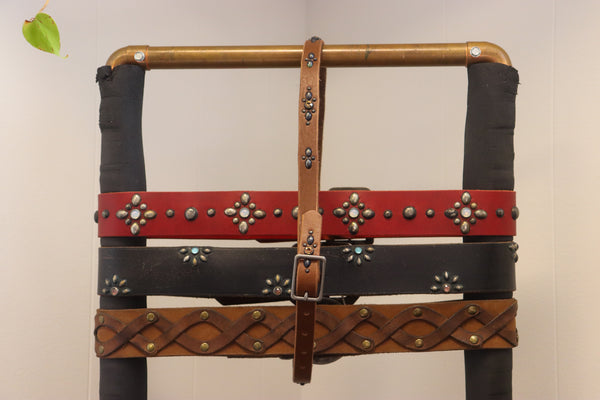 New Studio Belt 409. Slim brown leather with tiger's eye stones. Size 32 only.