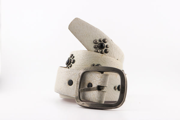 Vintage Studio Belt 108. White leather with onyx stones. Size 32 only.
