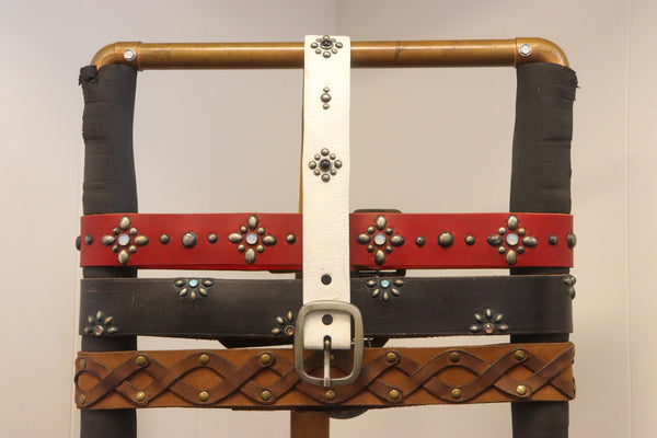 Vintage Studio Belt 108. White leather with onyx stones. Size 32 only.