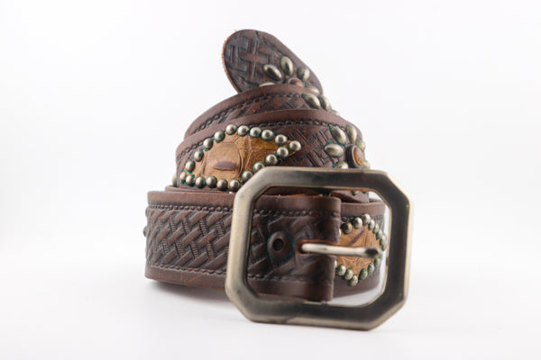 Vintage Studio Belt 225. Basket weave leather with alligator insets. Size 34 only.