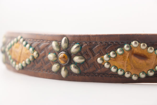 Vintage Studio Belt 225. Basket weave leather with alligator insets. Size 34 only.