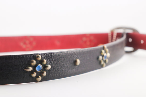 Vintage Studio Belt 251. Glossy back leather with blue stones. Size 34 only.