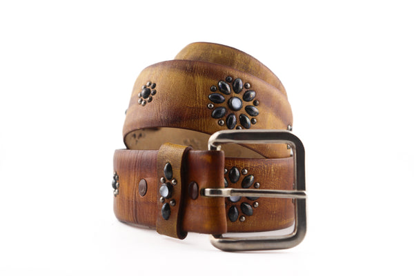 Vintage Studio Belt 291. Wood-toned leather with moonstones. Size 36 only.