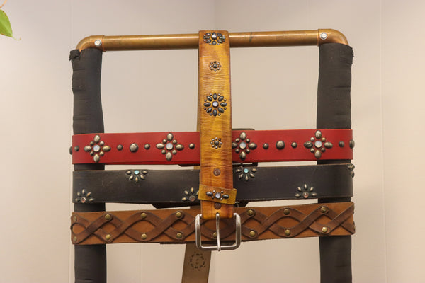 Vintage Studio Belt 291. Wood-toned leather with moonstones. Size 36 only.