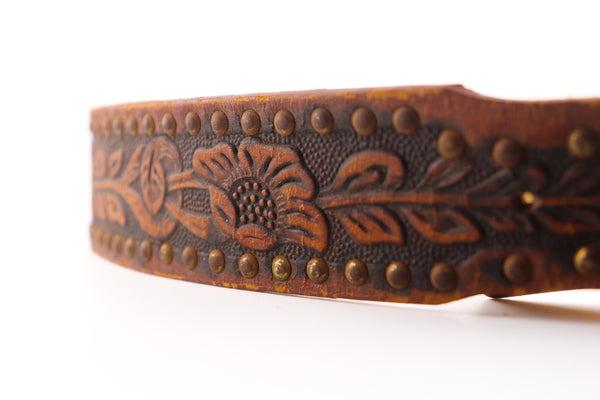 Vintage Studio Belt 381. Tooled leather belt with eagle & floral pattern. Size 32 only.