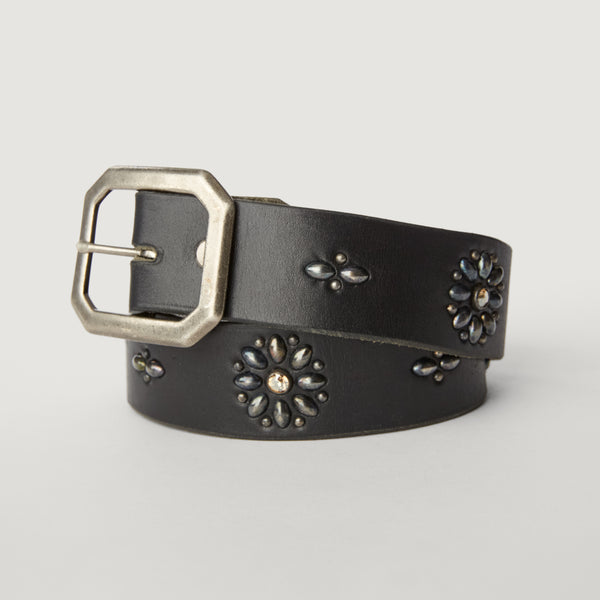 Belt 02: Circular studding with crystals on smooth Black leather. Western or Classic style.