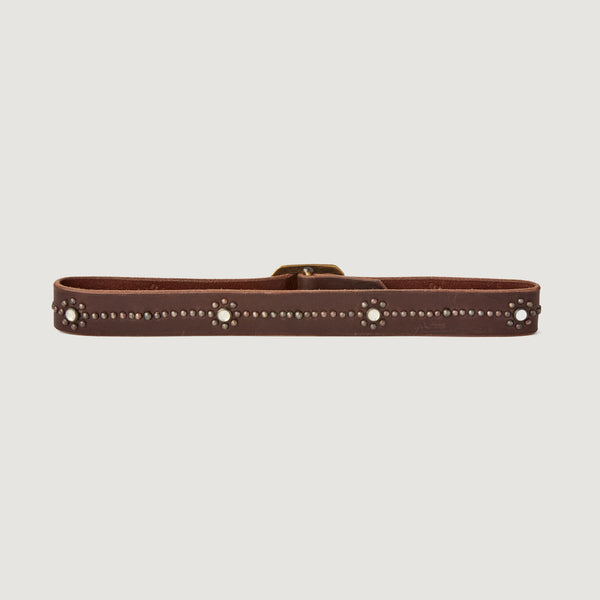Belt 03: Opals surrounded by metallic studs on soft brown leather.