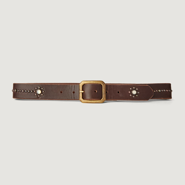 Belt 03: Opals surrounded by metallic studs on soft brown leather.
