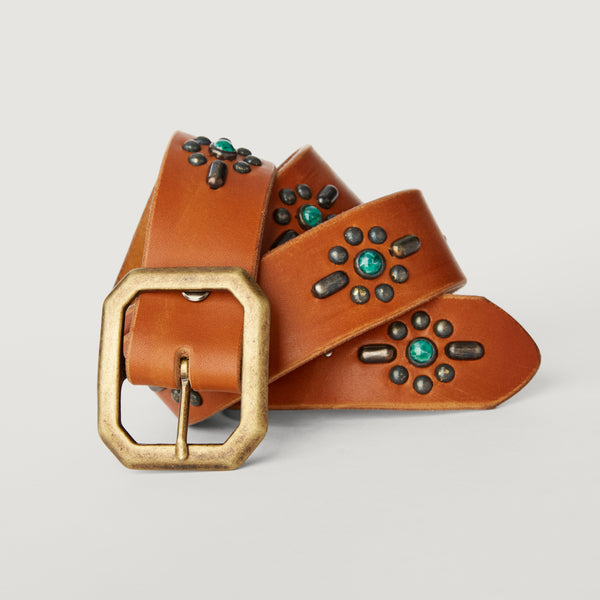 Belt 05: The High Desert. Jade stones on tan leather with Southwestern studding.