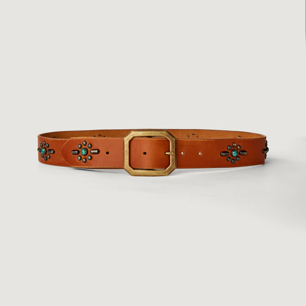 Belt 05: The High Desert. Jade stones on tan leather with Southwestern studding.