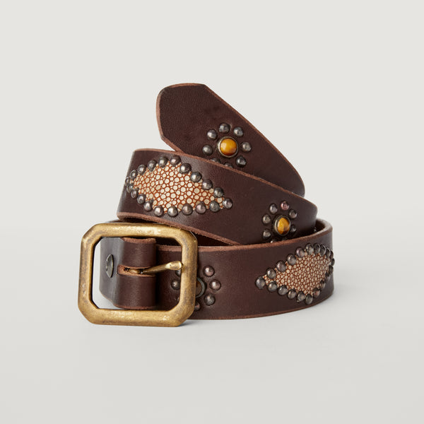 Belt 06: Cowboy & Cowgirl chic. Stingray and tiger's eye on rich brown leather.