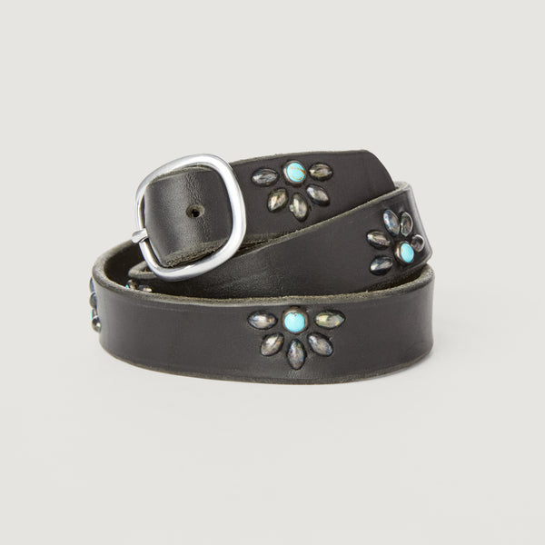 Belt 07: Classic character. Half-daisy studding with turquoise stones on black or tan leather.