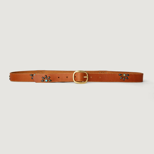 Style 007: Tan or Black leather belt with half-daisy studs and turquoise stones