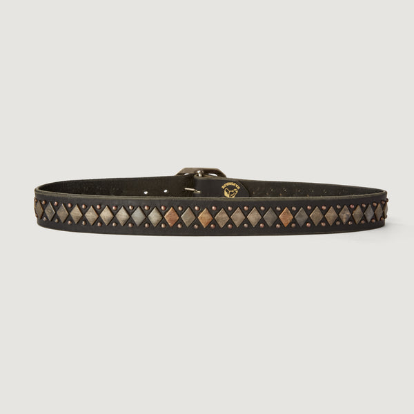 Style 008: Black leather belt with 'argyle' pattern of flat, diamond studs