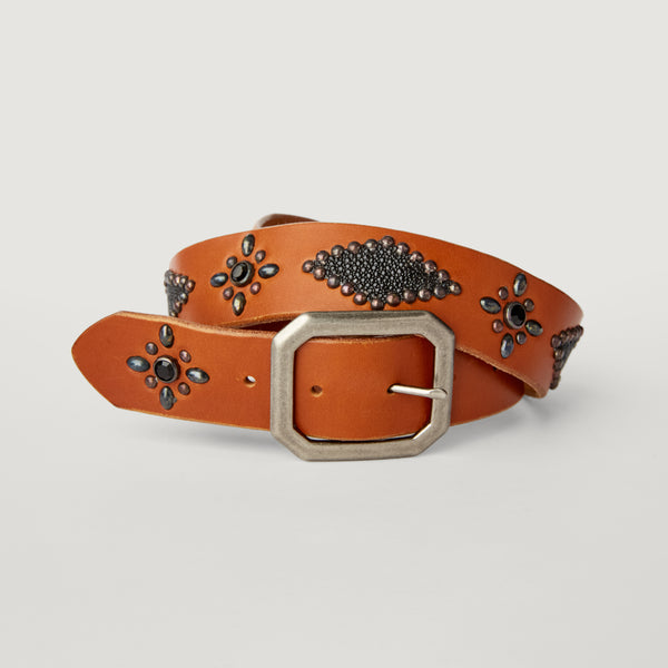 Belt 09: Cowboy Core. Black stingray insets & compass studding on light brown leather.