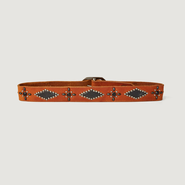 Belt 09: Cowboy Core. Black stingray insets & compass studding on light brown leather.