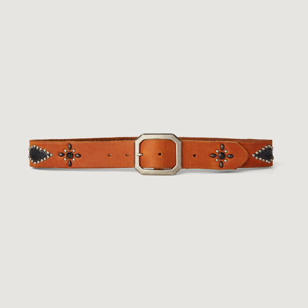 Belt 09: Cowboy Core. Black stingray insets & compass studding on light brown leather.