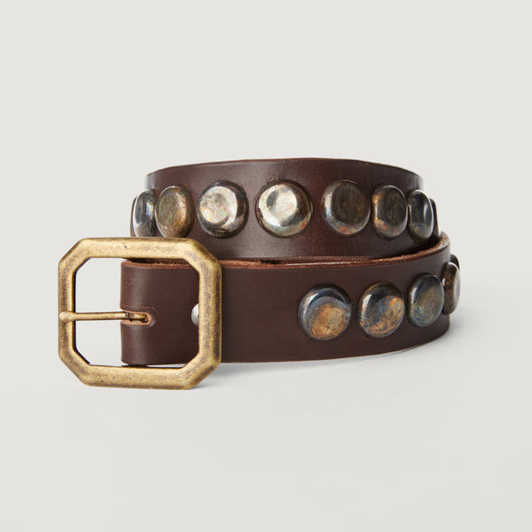 Belt 12: Western-style metal bottlecaps, modernized and refined on brown leather.