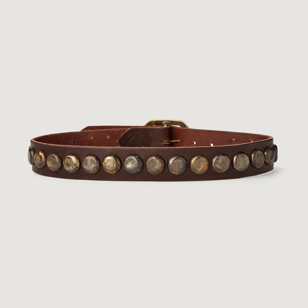 Belt 12: Western-style metal bottlecaps, modernized and refined on brown leather.