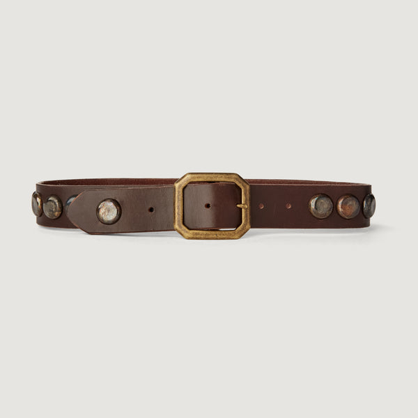 Belt 12: Western-style metal bottlecaps, modernized and refined on brown leather.