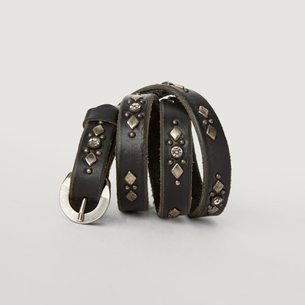 Belt 14: Glam meets rock. Faceted crystals and flat studs on thin, black leather.