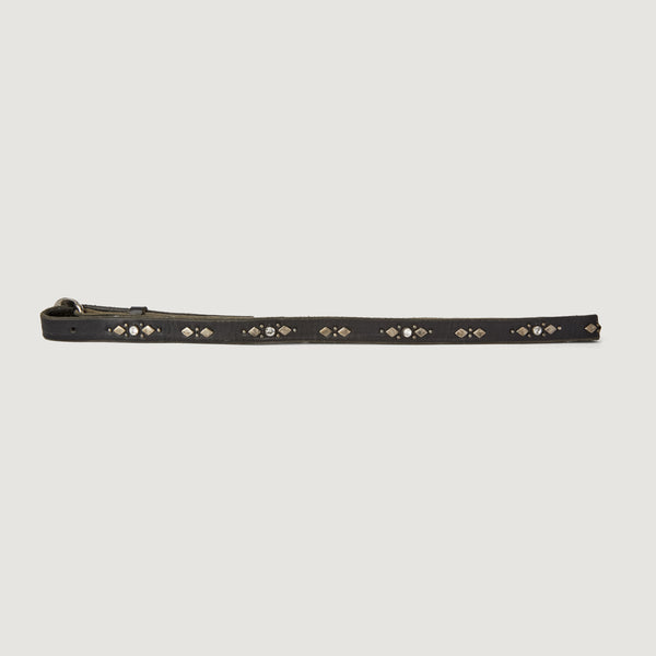 Belt 14: Glam meets rock. Faceted crystals and flat studs on thin, black leather.