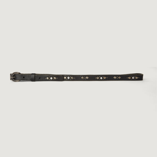 Style 014: Faceted crystals and flat diamond studs on a thin Black leather belt