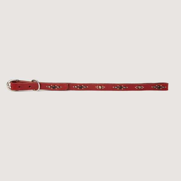 Style 017: Thin belt on cherry leather with elongated ovals, round studs and black crystals