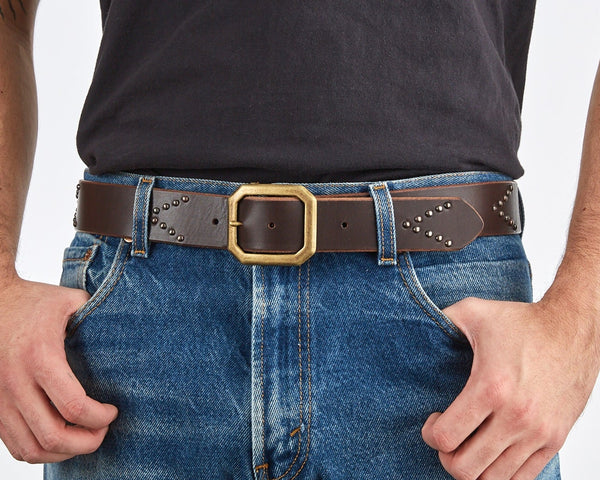 Belt 01: Studded chevron pattern on black or brown full-grain leather.
