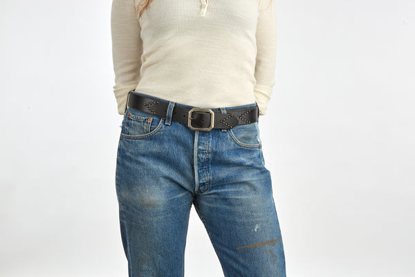 Belt 01: Studded chevron pattern on black or brown full-grain leather.