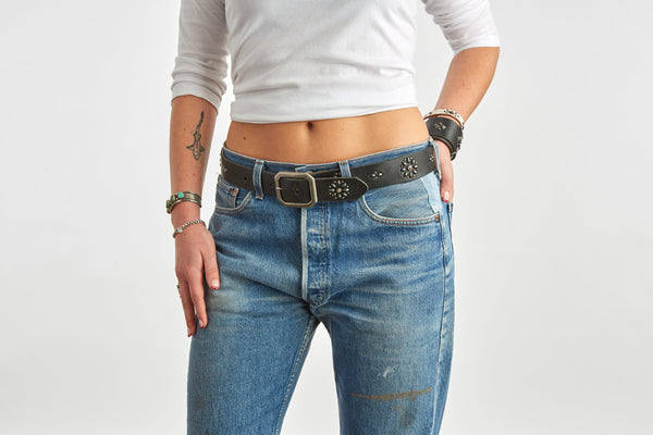 Belt 02: Circular studding with crystals on smooth Black leather. Western or Classic style.