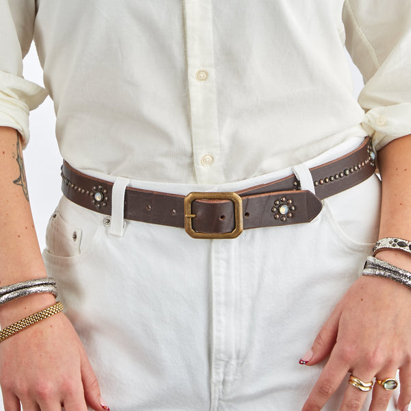 Belt 03: Opals surrounded by metallic studs on soft brown leather.