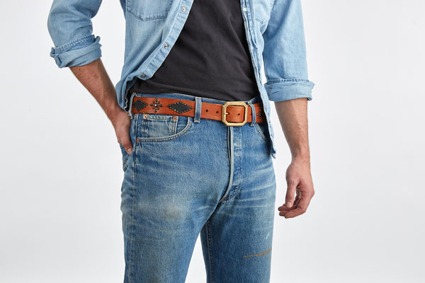 Belt 09: Cowboy Core. Black stingray insets & compass studding on light brown leather.