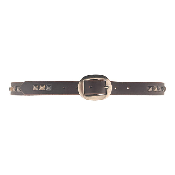 Style 015: Repeating pyramid studs and polished black stones on an Espresso belt
