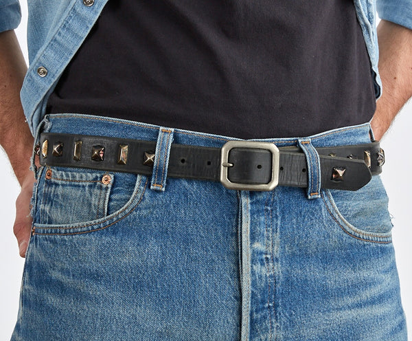 Style 010: Geometric studding and spacing on a distressed Black leather belt