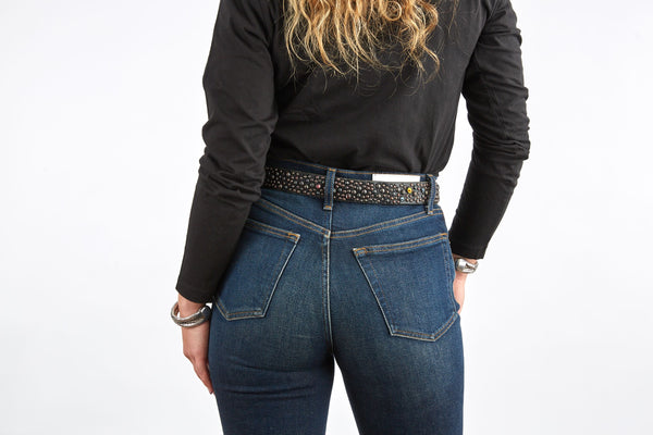 Style 016: The Galaxy Belt. Multi-sized studs & multi-colored stones on Black leather