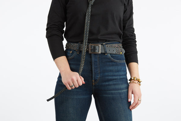 Style 020: Tie belt in Black leather with continuous, small round studding