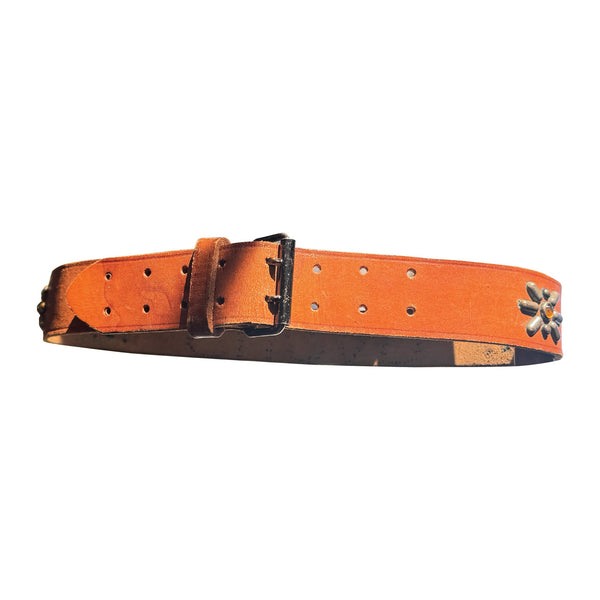 Vintage Belt 02: Tan belt with floral studding and "SUGAR" writing. Size 32 only.