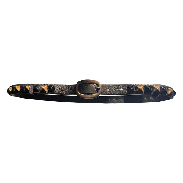 V04: Vintage belt in soft black leather with gold & black pyramid studding