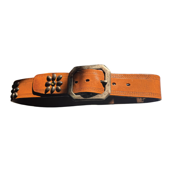 Vintage Belt 09: Tan belt with floral studding, yellow stones and a matching buckle. Size 36 only.