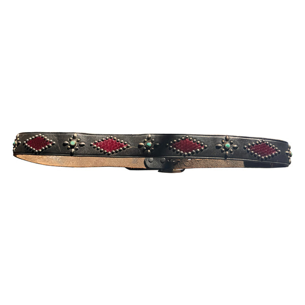 V13: Vintage belt on soft black leather with stingray insets & aqua stones