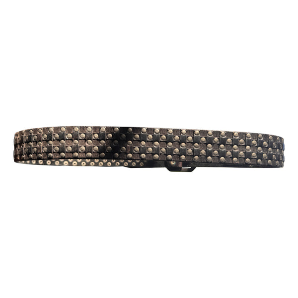 V15: Vintage belt on black leather with nailhead studding